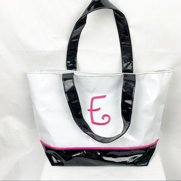 Retro 1960’s Style Vinyl Tote Bag Black White Pink Polka Dot Lining Monogram - Picture 2 of 8